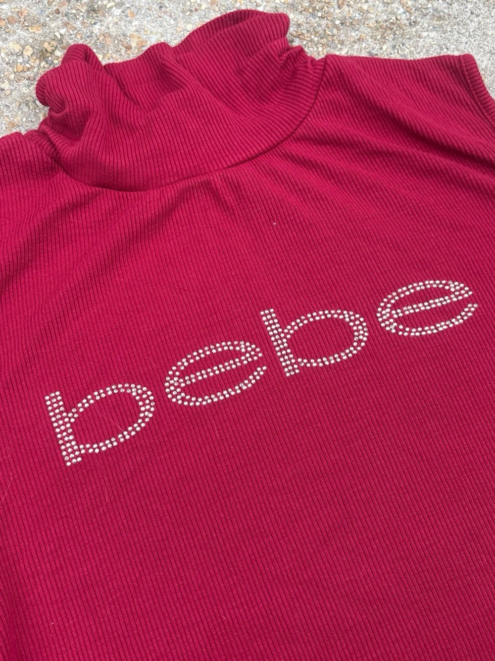 bebe Red Cold-Shoulder Ribbed Turtleneck with Rhinestone Logo - Picture 2 of 6